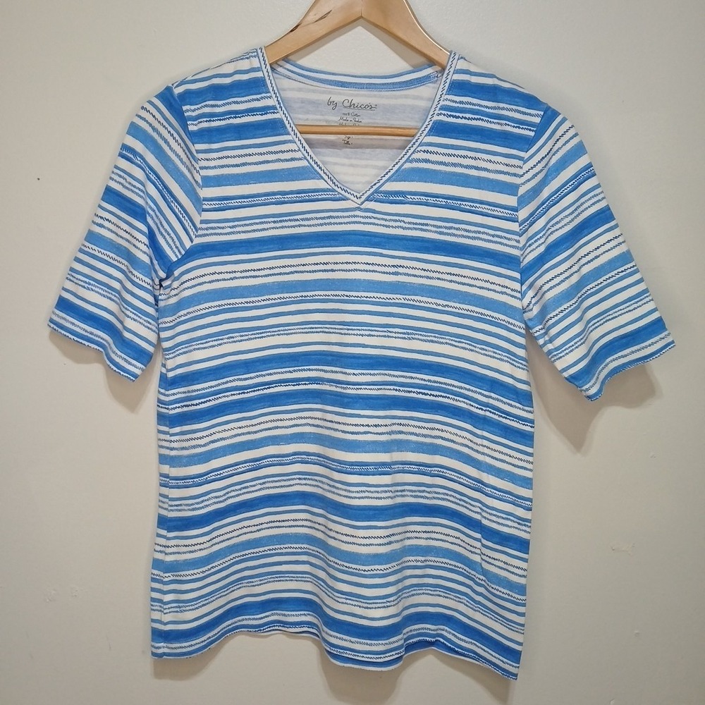 Chicos Size 1, T Shirt Womens V Neck Elbow Sleeve Casual Top